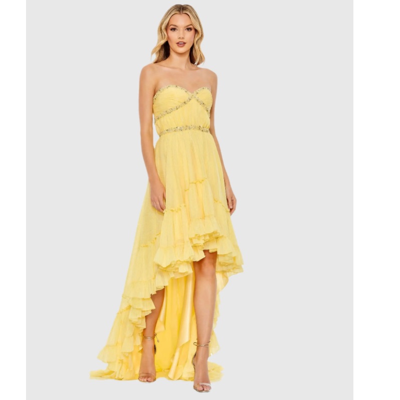 Mac Duggal Lemon Yellow Beaded High Low Chiffon Gown Nwt